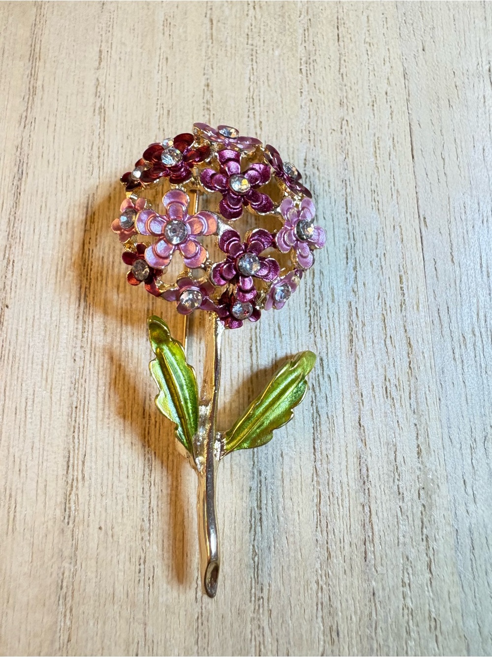 Pink Floral Crystal Brooch with Green Leaves